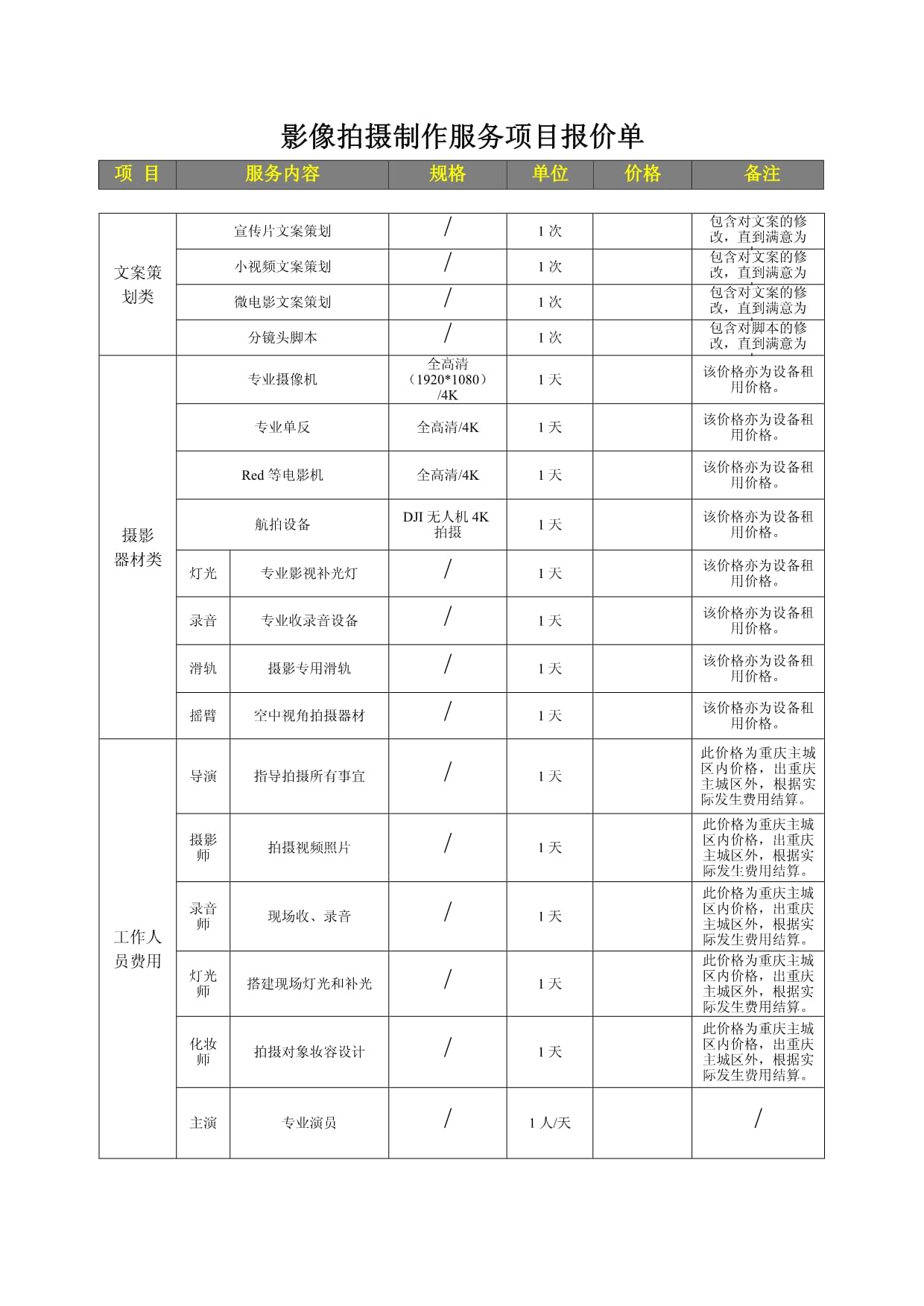 影像拍摄制作服务项目报价单